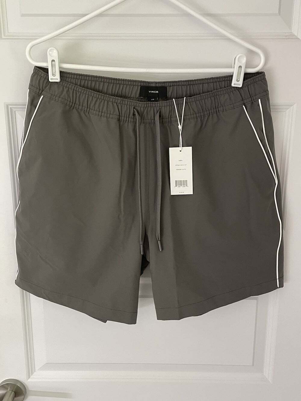 New Vince Mens L Lined Swim Trunks Gray White Piped Minimalist Quiet Luxury NWT